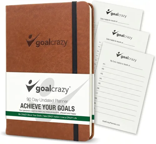 Goal Crazy Agenda diaria sin fecha para lograr tus objetivos, diario guiado de 90 días y organizador de productividad con establecimiento de Marrón