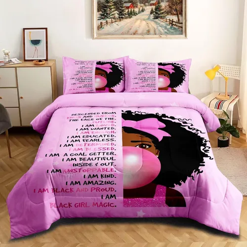 Miniatura 16 de Juego de edredón mágico para niñas negras, tamaño individual, para niños, adolescentes, niñas pequeñas, juego de ropa de cama para niñas negras