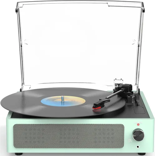 Miniatura 11 de Tocadiscos de vinilo con altavoces, receptor inalámbrico de 3 velocidades, fonógrafo LP de transmisión por correa, auriculares AUX RCA, parada Verde