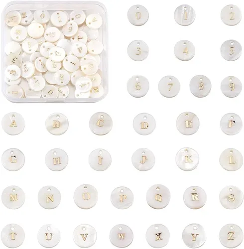 Miniatura 9 de Beadthoven - 104 dijes de letras del alfabeto de perlas de agua dulce naturales, redondos, dorados, redondos, del alfabeto A-Z, para bricolaje