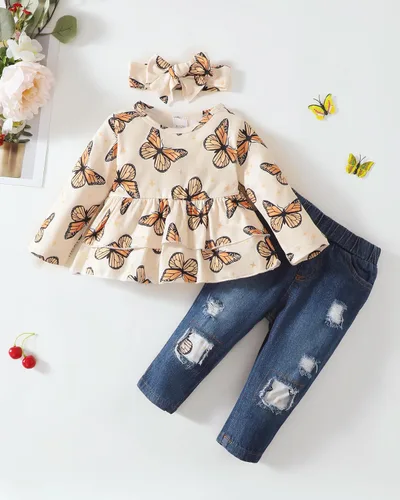 Miniatura 2 de XUANHAO Ropa de bebé niña de 12, 18 y 24 meses, trajes para niñas pequeñas, ropa de mezclilla con volantes, pantalones de mezclilla rasgados