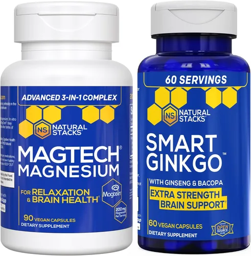 NATURAL STACKS Magtech Magnesio + Ginkgo Biloba Suplemento Bundle - Apoya la salud cerebral y la relajación* - 150 cápsulas totales