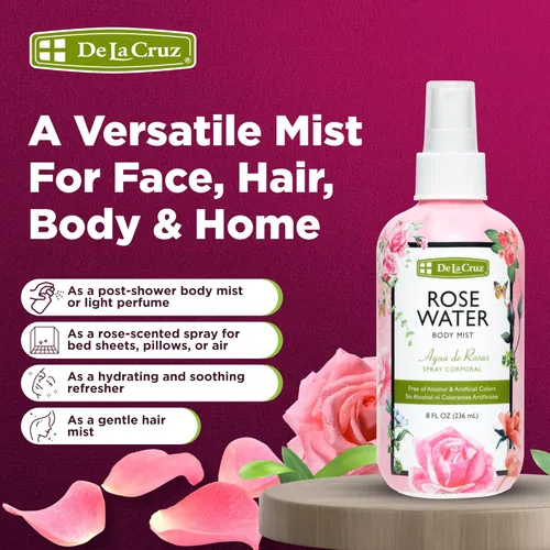 Miniatura 4 de De La Cruz Pure Rose Water - Aerosol de agua de rosas para cara, piel y cabello, tóner y agua de rosas para el cabello, sin alcohol, sin parabenos
