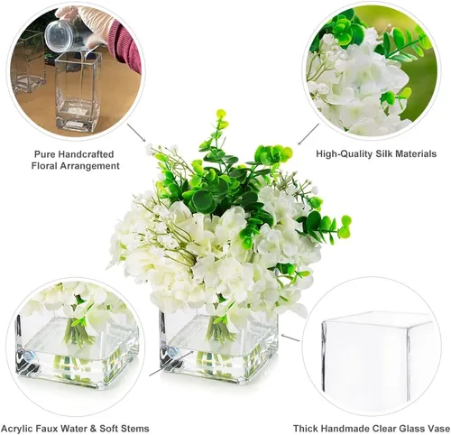 Miniatura 3 de ENOVA FLORAL Flores de hortensias sintéticas con jarrón, mezcla de flores de hortensias falsas y vegetación en jarrón con agua sintética