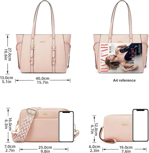 Miniatura 113 de Juego de 4 bolsas modernos para mujer de cuero sintético: bolso tote, bolso de hombro, bolso de mano y cartera.