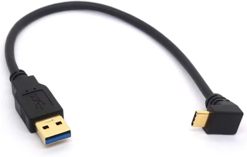Cable de extensión USB tipo C de 9.8 in, chapado en oro, USB 3.0 macho a 90 grados hacia arriba en ángulo descendente, cable tipo C, cable adaptador
