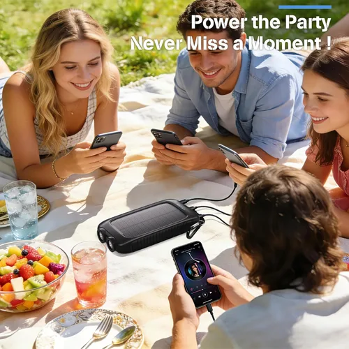 Miniatura 9 de Banco de energía solar de 20000 mAh, cargador portátil negro con salidas USB-C y USB-A, batería de reserva de emergencia, linterna LED, para iPhone