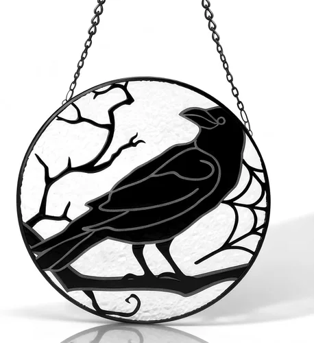 Raven - Atrapasoles gótico para ventana de vitral, cuervo negro, decoración colgante para el hogar, jardín, patio y Halloween, adorno de cristal