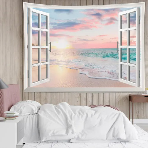 Miniatura 19 de HVEST Tapiz de playa para colgar en la pared, paisaje tropical azul océano, tapiz natural para dormitorio, palmera verde con cielo azul, nube