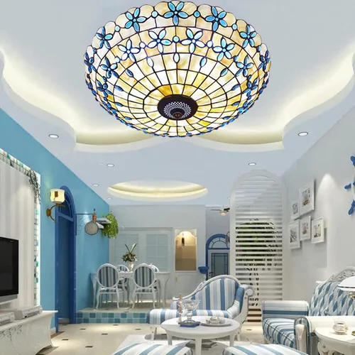 Miniatura 11 de Tiffany - Lámpara de techo de montaje empotrado, lámpara de techo LED de vitral, hecha a mano con cuentas de vidrio de colores azules