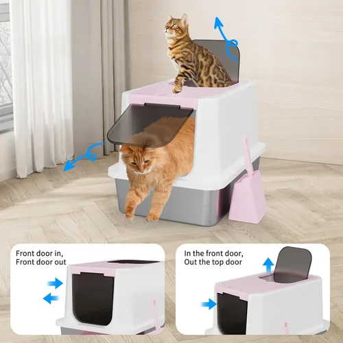 Miniatura 3 de RIZZARI Caja de arena cerrada extragrande para gatos, bandeja de arena de acero inoxidable rosa con diseño antifugas, superficie antiadherente fácil