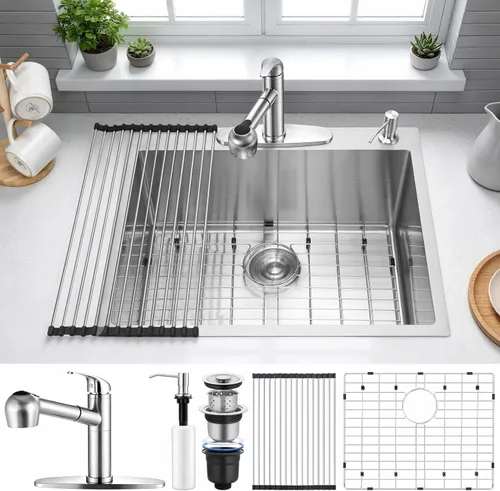 Herogo 25×22 Inch Kitchen Sink, Stainless Steel Drop In Single Bowl 10'' Deep Kitchen Sink with Accessories, for Rv Bar Farmhouse