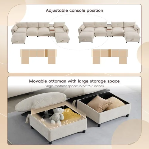 Miniatura 6 de Sofá modular de 6 asientos de 136 pulgadas con consola, portavasos y cargador USB, sofá de felpilla de gran tamaño en forma de U con otomana