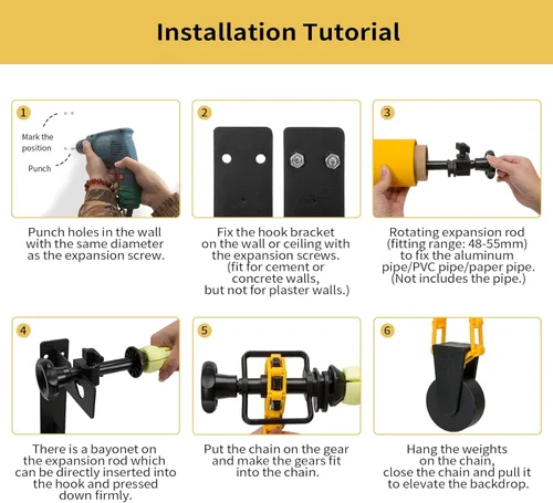Miniatura 4 de Telón de fondo de fotografía de 3 rodillos para montaje en pared, sistema manual desplegable para estudio fotográfico con 6 barras expandibles + 3