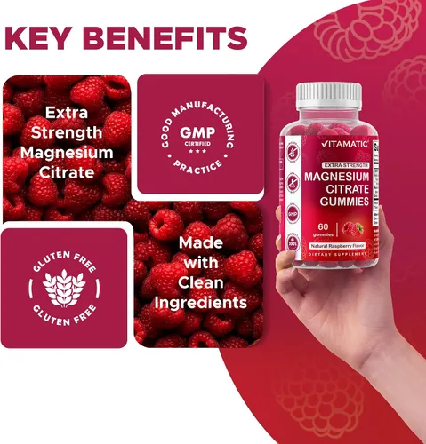 Miniatura 5 de Vitamatic Gomitas de magnesio extra fuertes, 255 mg (magnesio elemental) por porción, 60 gomitas veganas que apoyan la relajación, la función