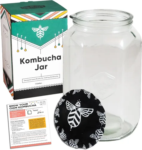 Craft A Brew - Tarro de Kombucha - para fermentación de kombucha y elaboración casera - Incluye cubierta de tela personalizada - Tarro de vidrio de