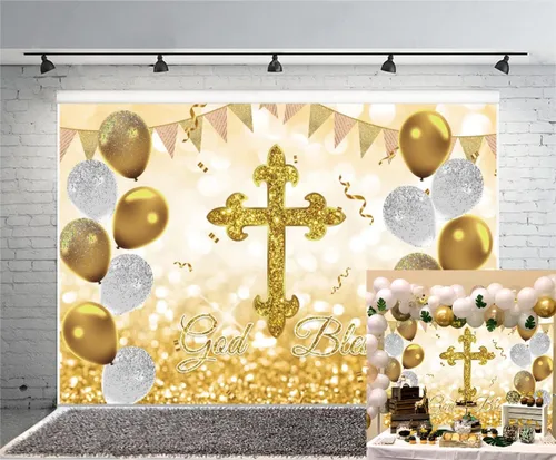 Telón de fondo de 5 x 3 pies para fiesta de bautismo, primera comunión, fondo de bautizo, globos dorados con purpurina para baby shower, fiesta de