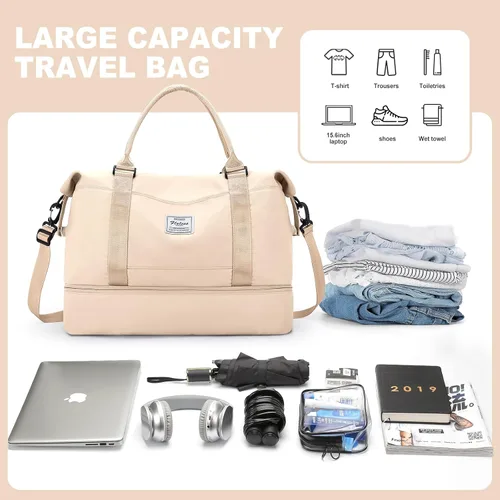 Miniatura 3 de Bolsas de fin de semana para mujer, bolsas de viaje con compartimento para zapatos, Beige, Bolsa de viaje+neceser