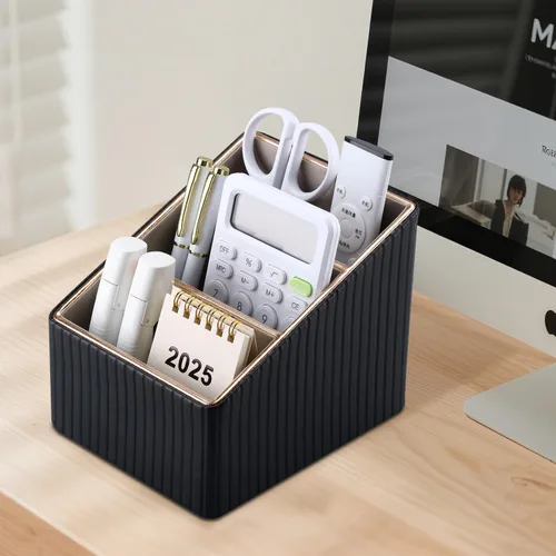 Miniatura 9 de KINGFOM Organizador de 3 ranuras de cuero sintético PU para control remoto, caja de almacenamiento de artículos diversos para el hogar
