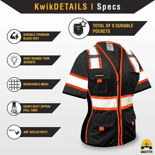Miniatura 4 de KwikSafety - Charlotte, NC - Men's & Women's Class 3 Safety Vest PPE Hi Vis Reflective ANSI OSHA Negro con mangas Mujer 1 Pack