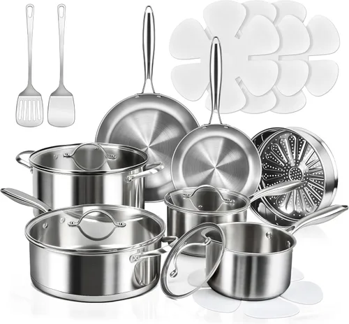 Juego de ollas y sartenes de 16 piezas, juego de utensilios de cocina de acero inoxidable de tres capas con tapas, juego de cocina no tóxico, apto