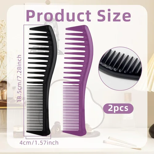 Miniatura 3 de 2 peines desenredantes para mujer, peine de plástico de 2 lados con dientes anchos y finos, peine multiusos para cabello fino, grueso, rizado