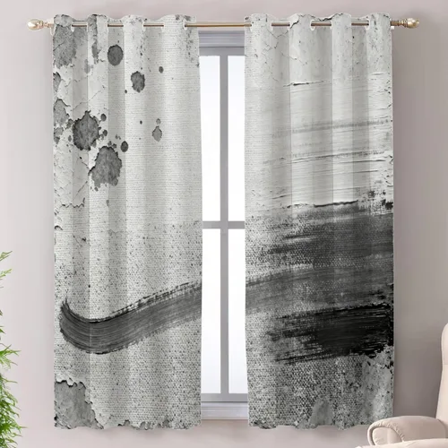 Miniatura 119 de Shrahala Beige and Orange Abstract Art Brushstrokes Blackout Curtain Tiers, Abstract Oil Paint Kitchen Valance Light Blocking Tier Drapes with Rod