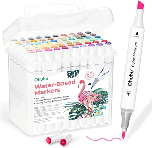 Ohuhu Marcadores para colorear para adultos, sin sangrado, 60 colores a base de agua, pincel de doble punta y marcadores de colorear finos para
