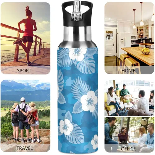 Miniatura 5 de Stainless Steel Vacuum Insulated Water Bottle 20 Oz, Leakproof Water Bottles for Gym Outdoor Travel School, Flowers Tropical Leaves Blue
