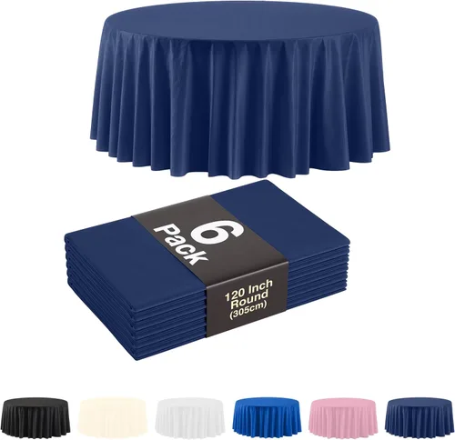 Miniatura 17 de Party Solids Paquete de 6, manteles de plástico color negro, mantel redondo desechable de 120 pulgadas para fiestas, mantel redondo, manteles