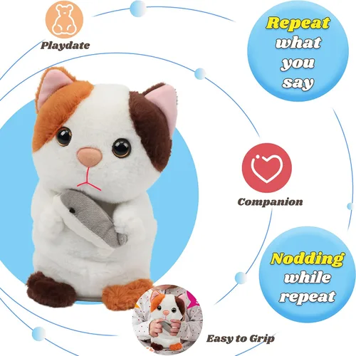 Miniatura 5 de Hopearl Gatito parlante repite lo que dices, gato con pez, juguete animado interactivo eléctrico, juguete de peluche para niños pequeños, 7 pulgadas