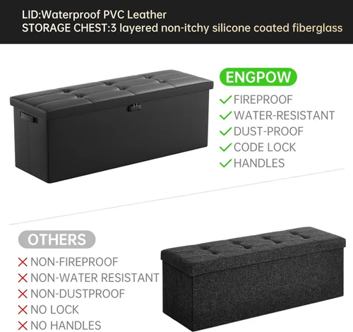 Miniatura 5 de ENGPOW Banco Otomán de Almacenamiento, Banco Plegable Ignífugo con Cerradura, 30 Pulgadas Cofre de Almacenamiento Resistente al Fuego y Agua