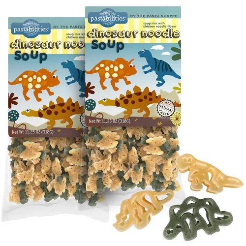 Pastabilities Pasta con forma divertida para niños, sopa de fideos de dinosaurio, divertido dinosaurio con mezcla de sopa temática animal, pasta de