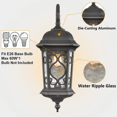 Miniatura 6 de Lámpara de Pared para Exteriores Negra, Linterna de Pared Exterior de 21", Luz de Aplique Impermeable con Pantalla de Cristal Resistente al Agua
