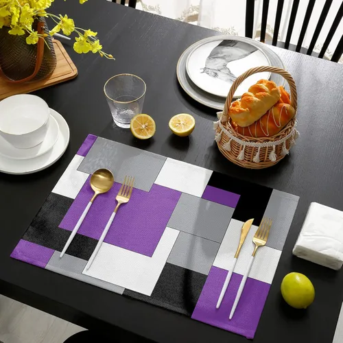Miniatura 4 de Juego de 4 manteles individuales negros y amarillos, antideslizantes, lavables, manteles individuales de mesa de retazos de arte abstracto para mesa