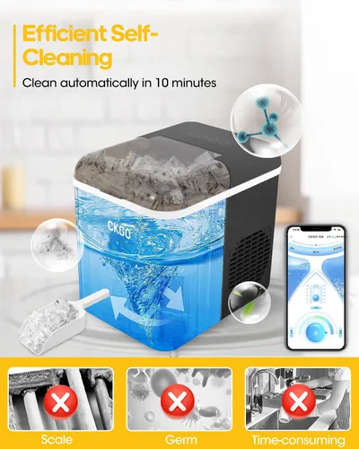 Miniatura 6 de Máquina de hielo rápida para encimera - 9 cubos en 6 minutos, 33 libras/día, autolimpiante, máquina de hielo portátil negra silenciosa con control