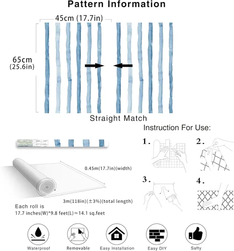 Miniatura 7 de HAOKHOME Papel tapiz a rayas para despegar y pegar, costero bohemio, extraíble, color azul índigo/blanco, vinilo autoadhesivo para decoración