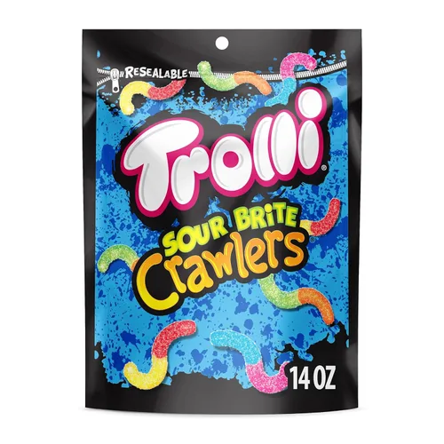 Trolli Sour Brite Crawlers, dulces, cereza-limón, fresa-uva y naranja-lima, dulce y agrio, gusanos de goma, 14 oz