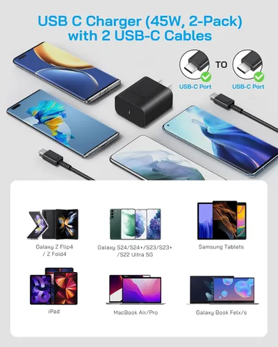 Miniatura 5 de AISNI Paquete de 2 cargadores de teléfono Android tipo C de 45 W tipo C con cable de carga rápida tipo C de 6 pies para Samsung Galaxy