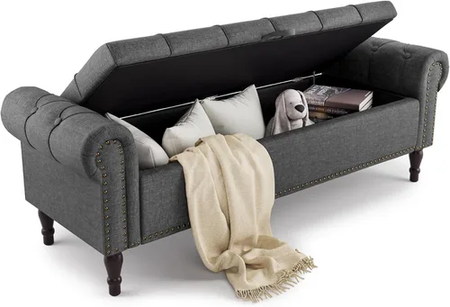 Cozyman Banco otomano de almacenamiento, 61 pulgadas de largo, de lino, con brazo enrollado, banco de ventana con botón copetudo y ribete de cabeza