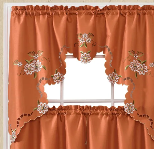 Miniatura 8 de Gohd Cutwork Floral. Juego de cortinas de cocina. Juego de cenefa y flecos. Lindo bordado en tela de seda sintética con calados. (Gris)