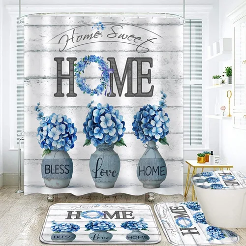 Miniatura 12 de LQCOOL Juego de cortinas de baño azules, 4 piezas de cortina de ducha geométrica de arte moderno con 12 ganchos, impermeable, opaca, 70.8 pies