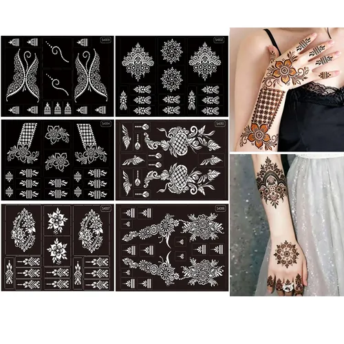Miniatura 5 de XMASIR 20 hojas de plantillas de tatuaje de henna para mano, plantillas temporales de tatuaje de aerógrafo, calcomanías de tatuaje árabe, plantillas
