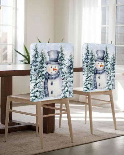 Miniatura 5 de Paquete de 4 fundas para respaldo de silla de muñeco de nieve de Navidad azul para sillas de comedor, lavables y extraíbles, protector de silla