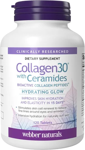 Webber Naturals Colágeno 30 con ceramidas, péptidos de colágeno bioactivos, 120 tabletas, brillo hidratante, ayuda a mejorar la hidratación de la