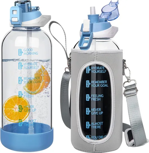 Miniatura 27 de Botella de agua deportiva de vidrio de 32 onzas con popote y marcador de tiempo, botella de vidrio motivacional reutilizable grande para agua Rosa