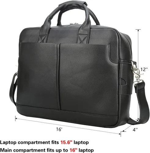 Miniatura 7 de Maletín de cuero genuino de grano completo para hombre de 16 pulgadas, bolsa de mensajero con cremalleras YKK (negro)