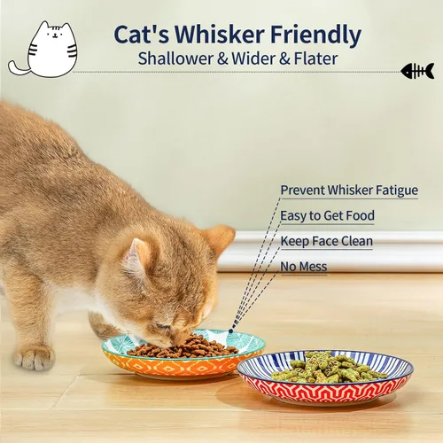 Miniatura 2 de Selamica Cuencos de cerámica para gatos, 6 pulgadas de ancho poco profundos para aliviar la fatiga de los bigotes, juego de 4, colores surtidos