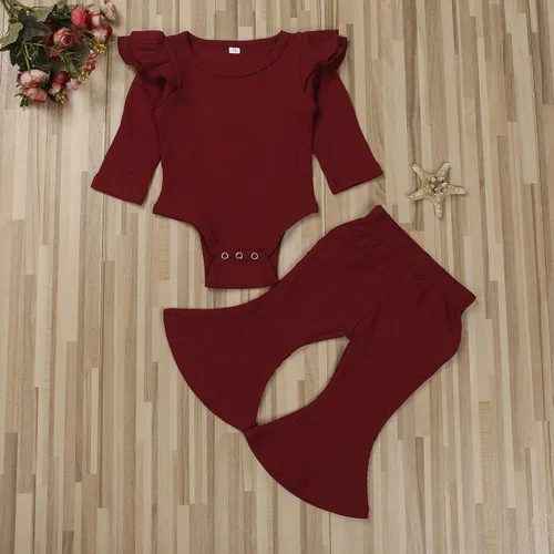 Miniatura 2 de Ropa para bebé y niña, acanalado, con volantes, manga larga, mameluco, pantalones acampanados, color sólido, otoño, invierno, trajes de 2 piezas