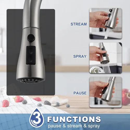 Miniatura 3 de Grifo de cocina de níquel cepillado con rociador extraíble, grifo clásico de arco alto de un solo mango con rociador extraíble, adecuado